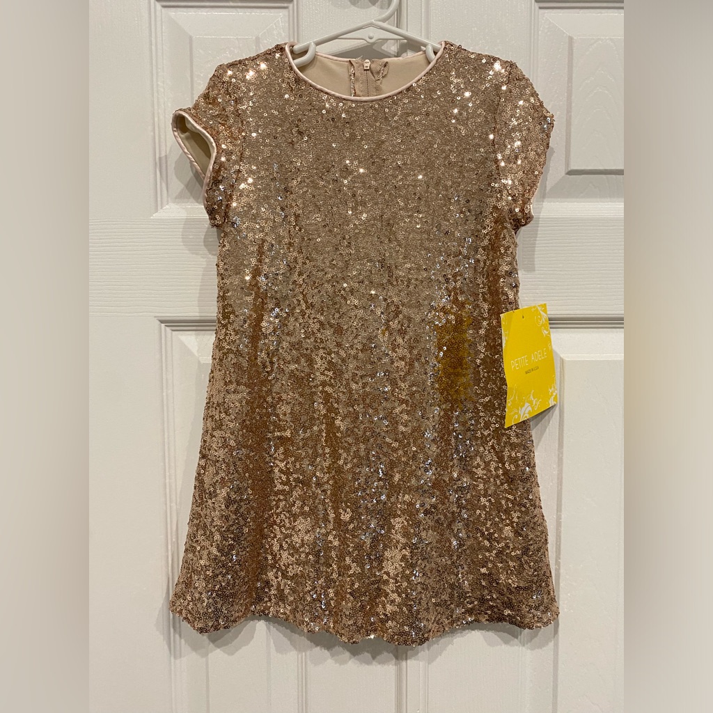 Petite Adele Little Girls Sparkle Sequin Katy Short Sleeve Shift Party Dress 5-6